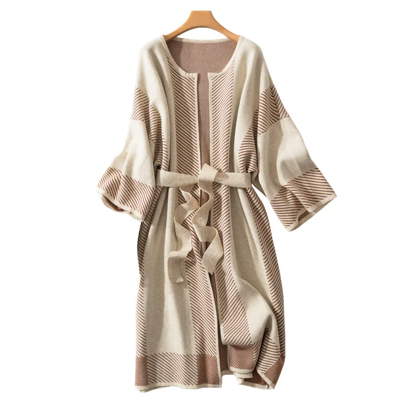 Женский свитер с вырезом лодочкой, кардиган, модный Тренч, пальто с поясом, вязаное пальто, свободный крой, без пряжки, в полоску, очаровательный цвет
