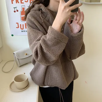 

Top-neckhood pull-up lamb woolen dress woman 2019 winter thickened kangaroo pocket casual top women hoodies