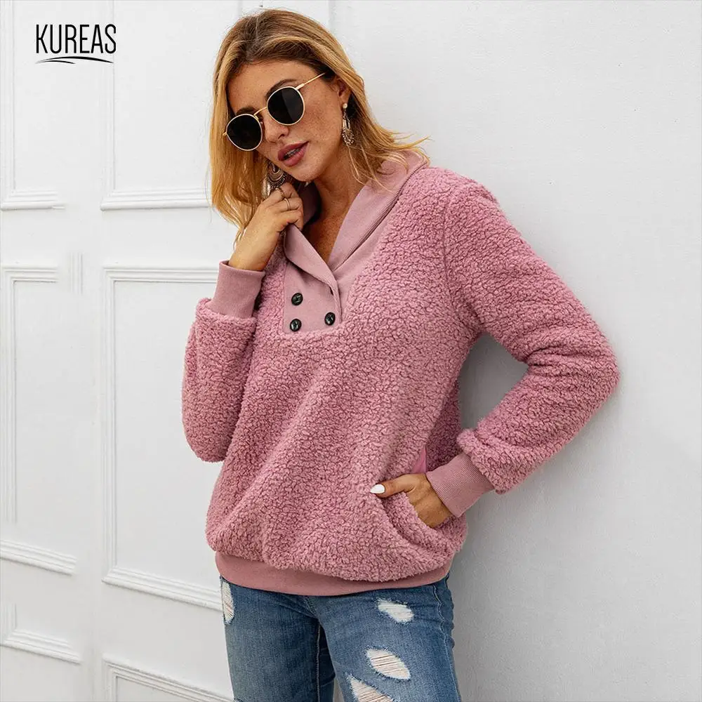 

Kureas Women Sweatshirts Warm Knitted Threaded Winter Autumn Pullovers Hoodies Casual Elegant Double Breasted Female Tops