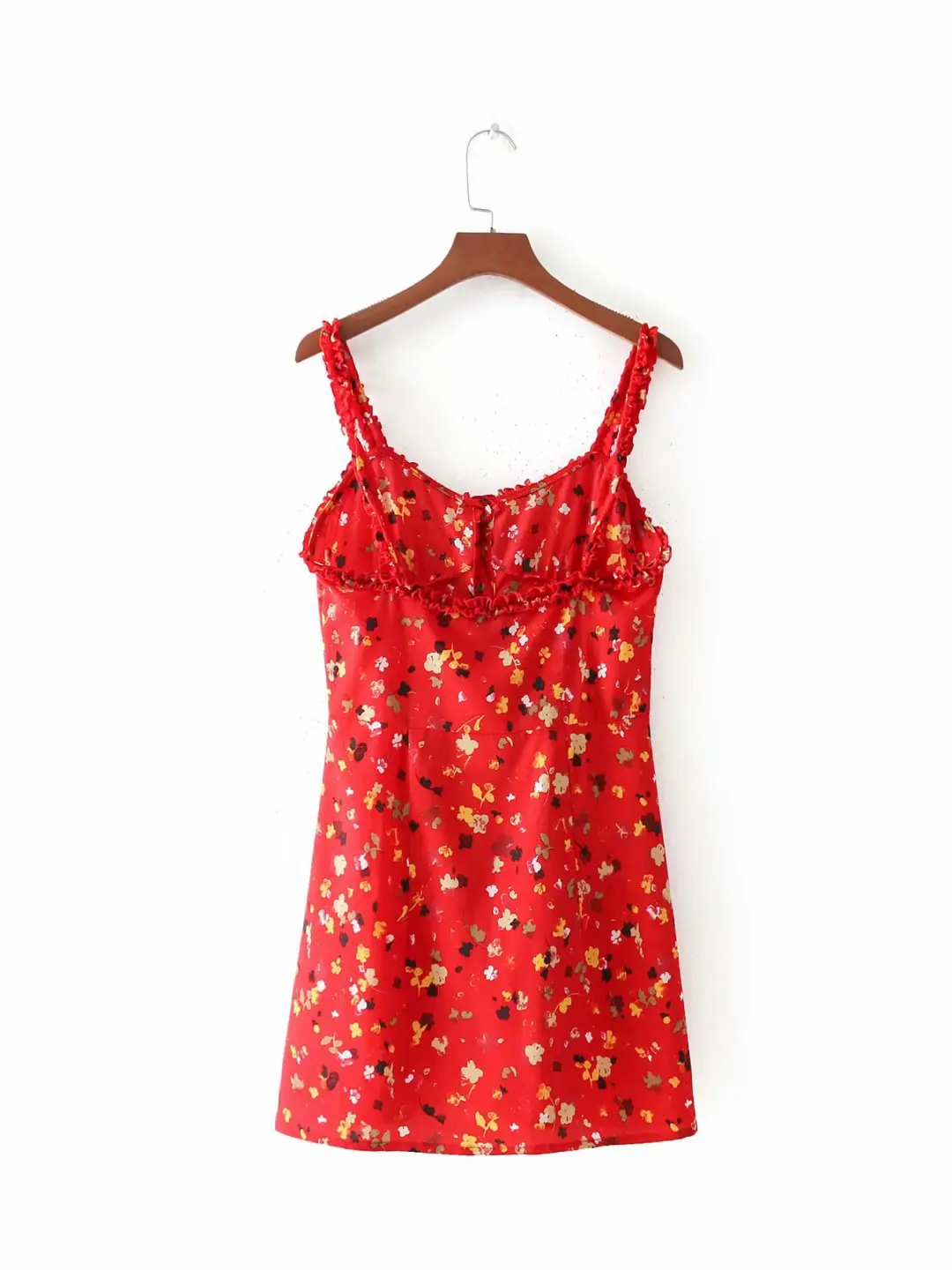 

19 Summer Red Small Floral Printed Strapped Dress Sexy Lolita GIRL'S Lotus Leaf Mid-length Dress