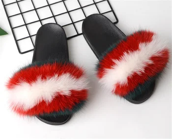 

Ladies Summer Fur Slippers Real Fox Fur Slippers Fashion Furry Slides Party Shoes Brand Slippers Women Fox Fur Slides