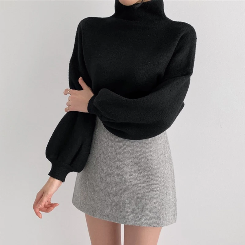 Женские свитера, водолазка, одноцветные пуловеры с рукавами-«фонариками», вязаные свитера, офисные женские теплые пуловеры с длинным рукавом белого цвета