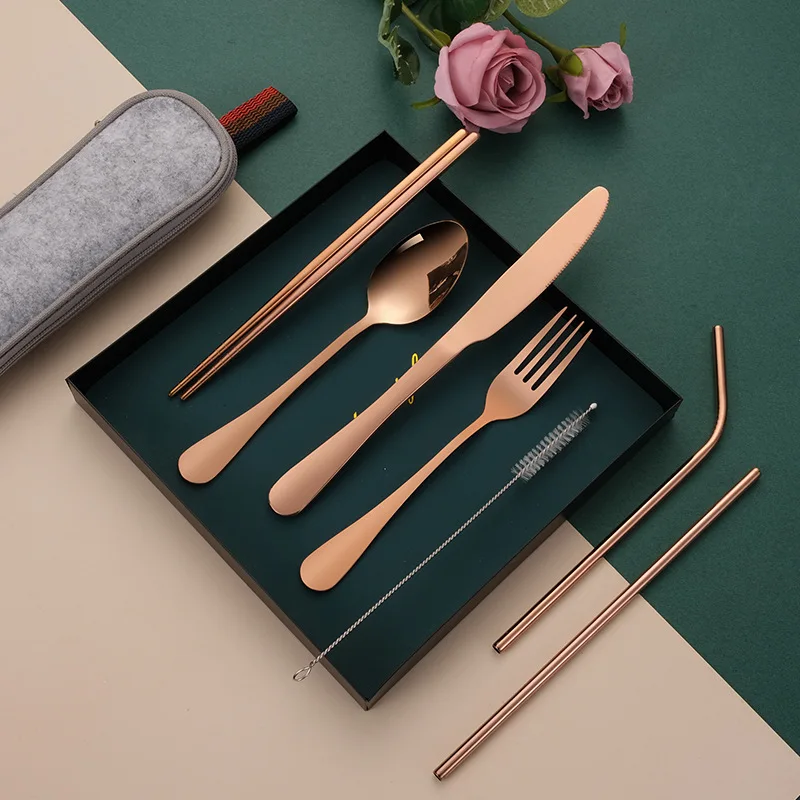 Stainless Steel Travel Tableware Set 7pcs Portable Creative Western Cutlery Knife Spoon Straw Set