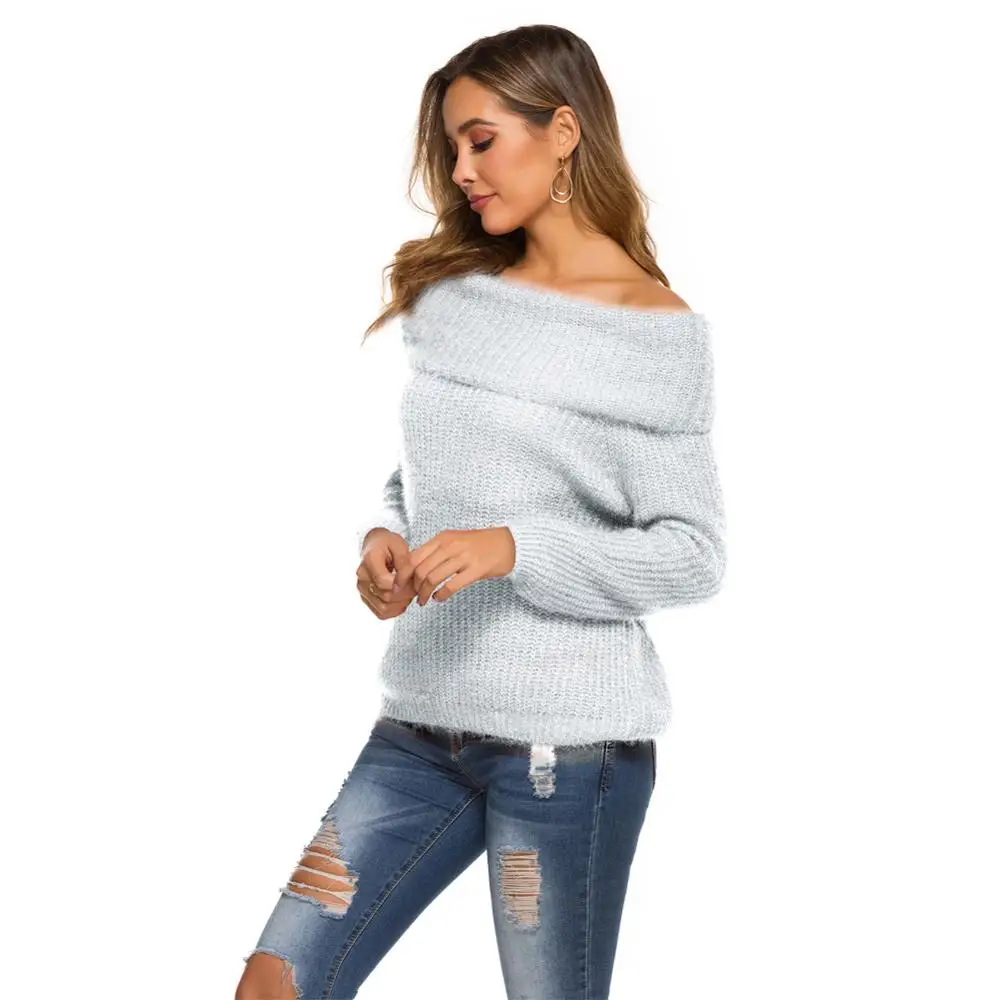 Осень-зима, толстый женский свитер, вязаный, ребристый, пуловер, свитер с длинным рукавом, сексуальный, без бретелек, косой воротник, на одно плечо