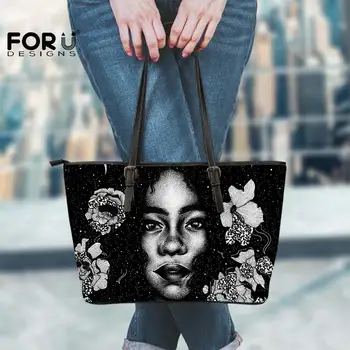 

FORUDESIGNS Unique Handbag Art Design Pattern Tote Handbags For Ladies Floral Hand Bags Black Artificial Leather Shoulder Bag
