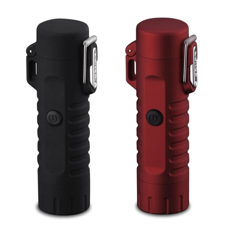 

2x Multifunctional Usb Waterproof Double Arc Charging Lighter with Flashlight Led Lamp(Black&Red)