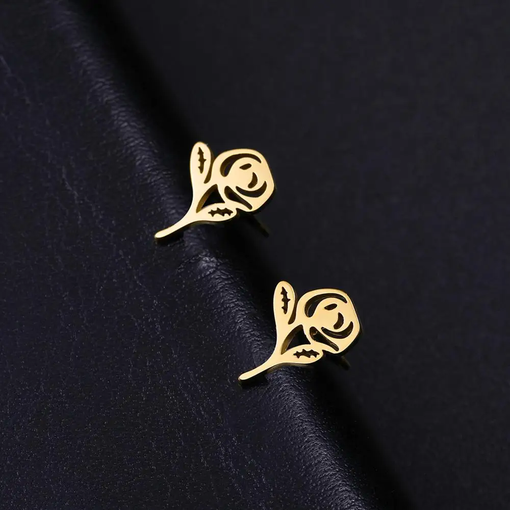 Skyrim Rose Flower Lotus Tree Stud Earrings Women Girls Stainless Steel Gold Color Black Mini Earring Studs Jewelry Gift New - Image 3
