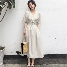 Verano Oficina señoras elegante Vintage Japón estilo mujeres Midi vestidos Casual DE LINO DE ALTA cintura de encaje Up femenino coreano Beige vestido