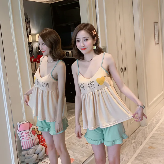 

Korean-style Summer Sexy Spaghetti Strap Pajamas Female Summer with Chest Pad Two-Piece Set Cupid Cute Set Tracksuit Hot Selling