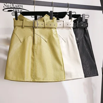 

New Ladies Mini Office Skirt A Line Short Green Skirt Autumn Winter Irregular High Waist Elegant Women Pu Leather Skirt 7482 50