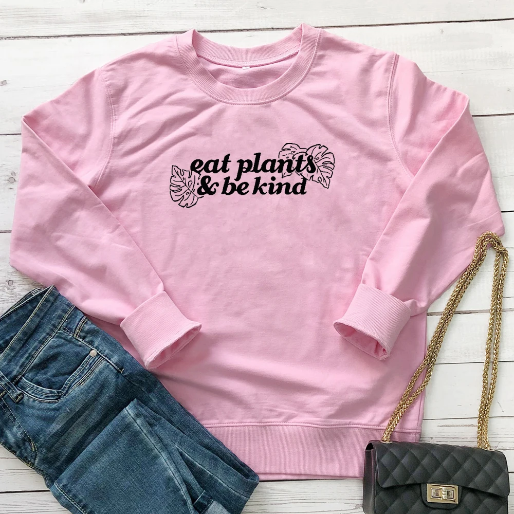 pink-black text Eat Plants& Be kind Толстовка для женщин христианский вид Несс толстовки милый Графический веганский органический хлопок пуловеры Прямая - Цвет: pink-black text
