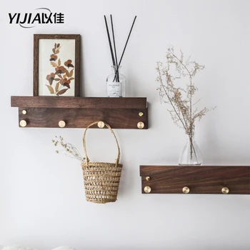 

Solid wood bedroom bookcase bathroom shelf with brass hook kitchen shelf wood