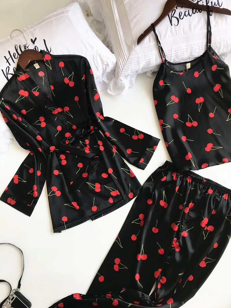 Black SAPJON, новинка, 3 шт., женские пижамные комплекты со штанами, сексуальная пижама, атласная, с цветочным принтом, ночное белье, шелковое, ночное белье, пеньюар, пижама - Цвет: Black