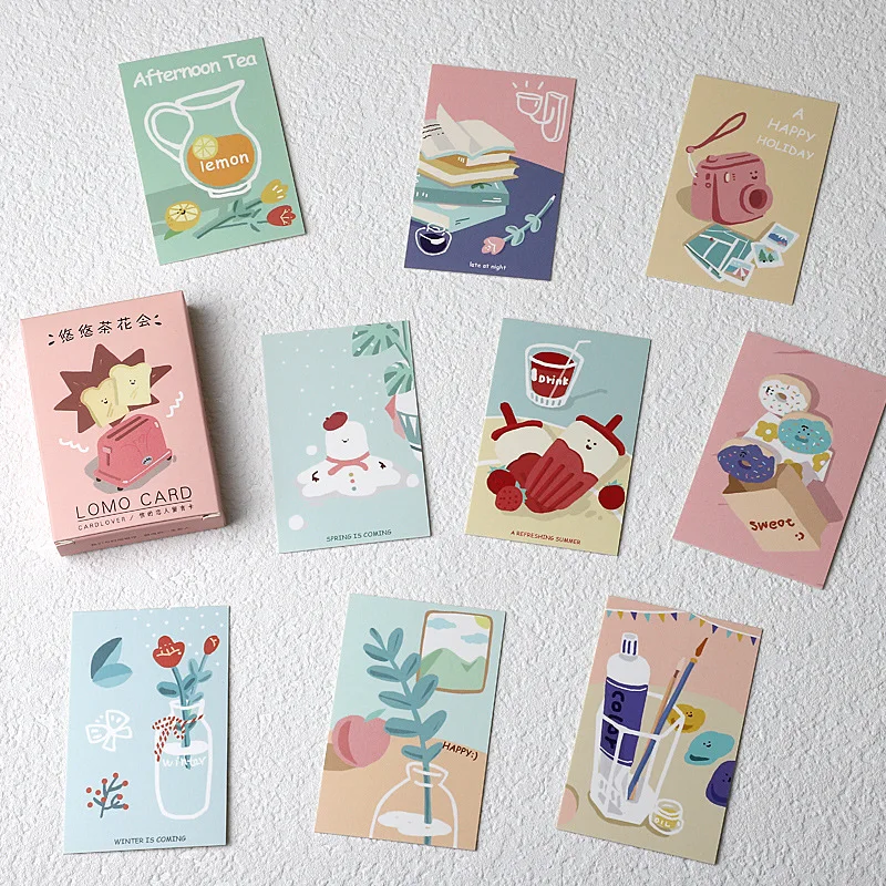 Juego de 28 hojas de tarjetas de dibujos animados para fiesta de té, Mini mensaje postal, regalos de navidad