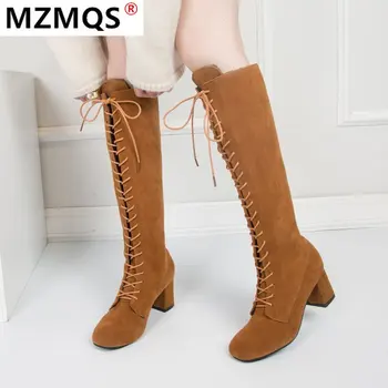 

2020 New Woman Lace Up Knee High Boots Winter Warm Plush Gladiator Long Booties Lady Thick Heels Shoes Sapatos Feminino