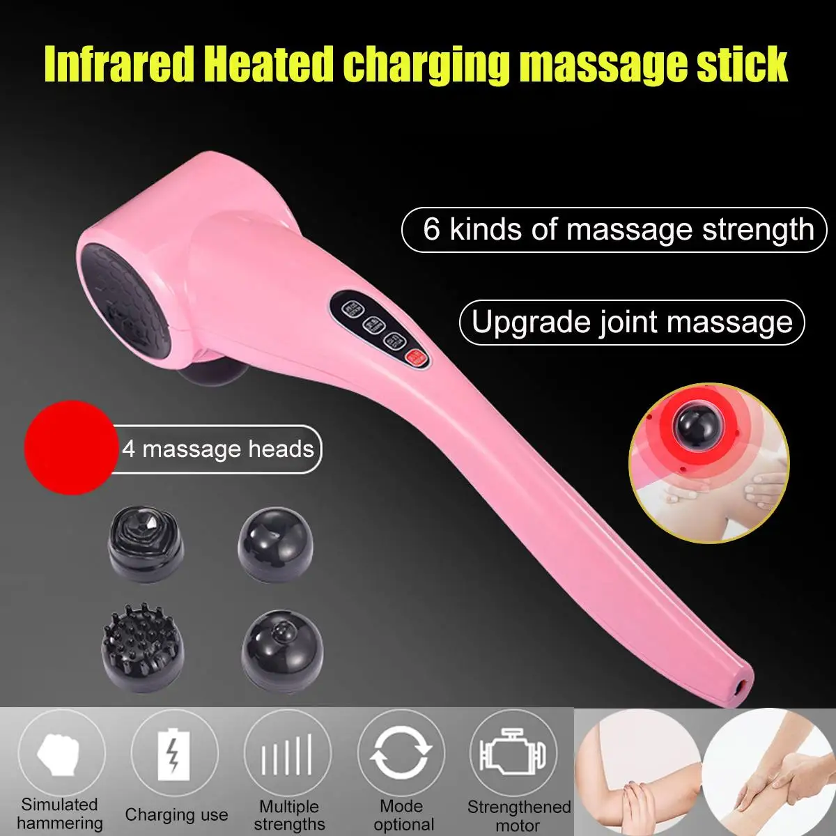 

Handheld Massager Vibration Infrared Heated Massager Guns with 4 Massage Heads Fascia Knock Muscles Neck Vertebra Back Relax