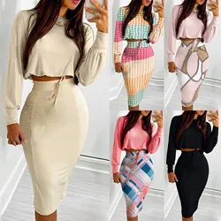 Feminino elegante roupas femininas moda manga longa top & checker print drawstring shirred