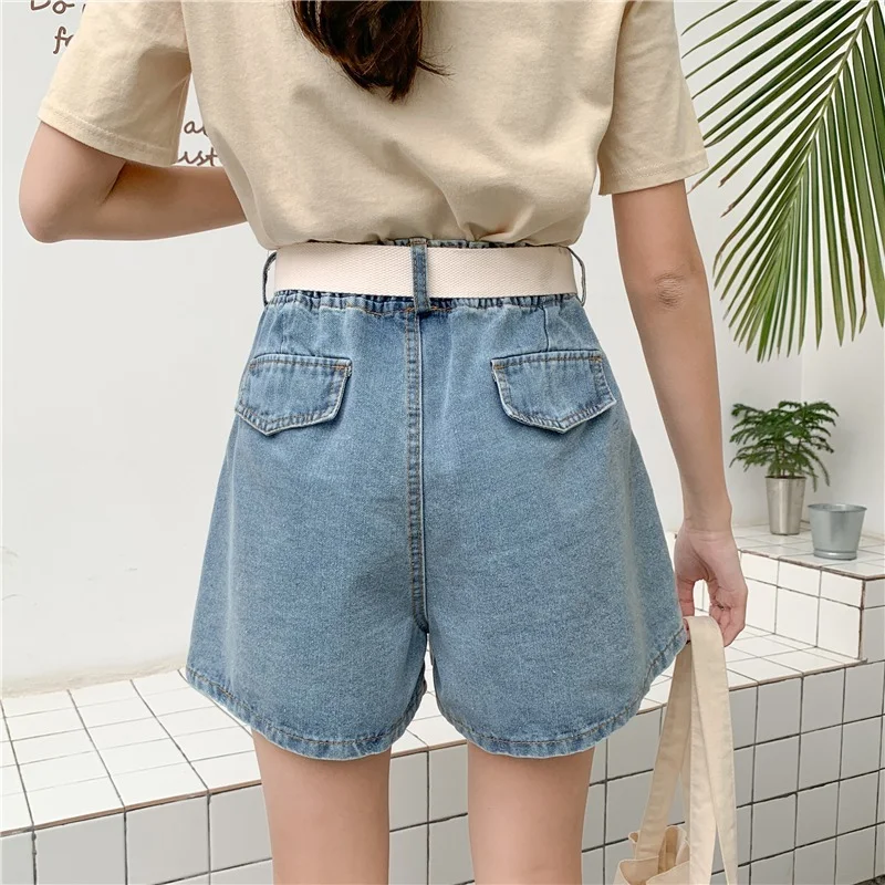 Women Big Pocket Loose Oversized Jeans Shorts Fashion High Waist Denim Shorts Female Summer Wide Leg Short Jeans Elastic Waist