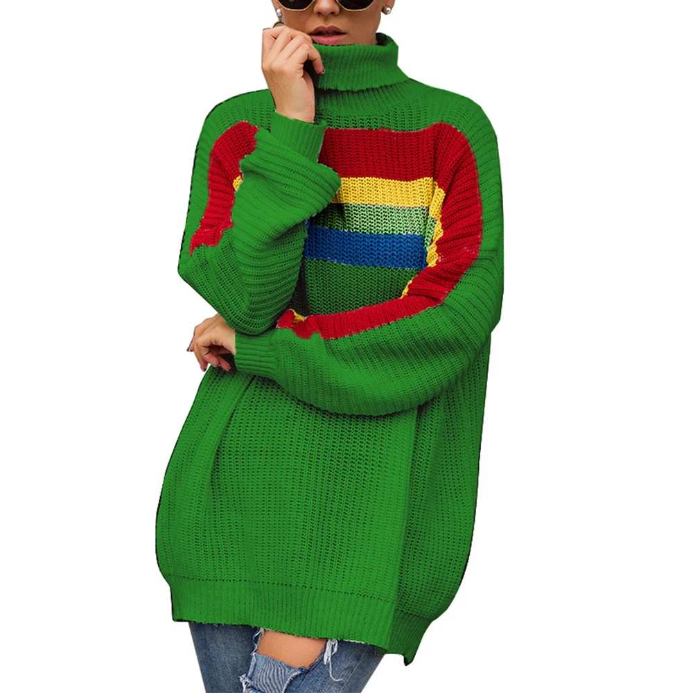 Oeak, модные вязаные свитера и пуловеры размера плюс 2XL, женские свободные длинные свитера с высоким воротом, женские вязаные джемперы - Цвет: Green 1