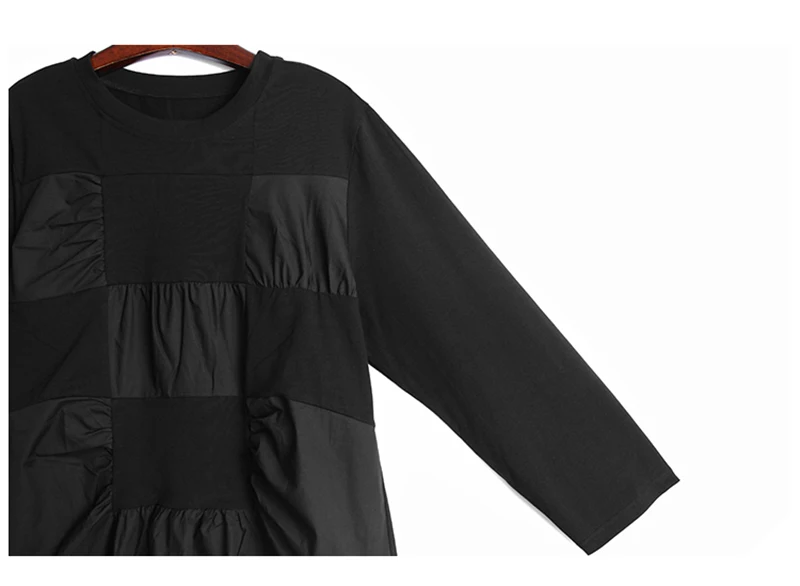 [EAM] Women black square split joint temperament T-shirt New Round Neck Long Sleeve  Fashion Tide  Spring Autumn 2020 1Z451
