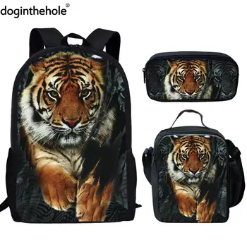 

Doginthehole Cool Stylish Custom Kids Book Bag 3D Tiger Printing Animal Pattern Rucksack School Boys Student 3PCS Set Casual Bag