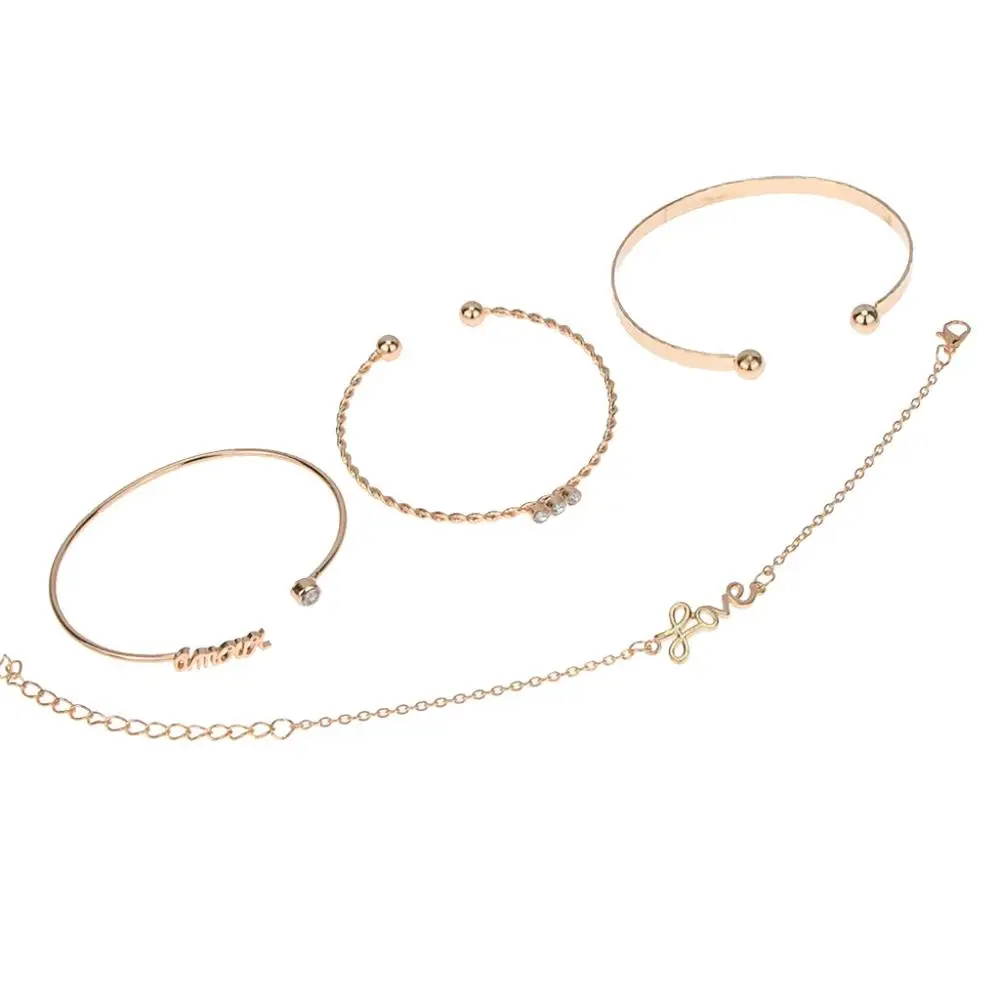Women Fashion Love Letter Simple Circle Alloy Bracelet Ornaments 4 Pieces Charms Bracelet Bangle Armband Inlaid Ladies#D