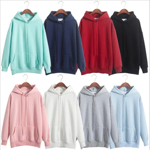 

New Social Harajuku Hoodies For Girls Solid Color Hooded Tops Women's Sweatshirt Long-sleeved Winter Velvet Thickening Coat