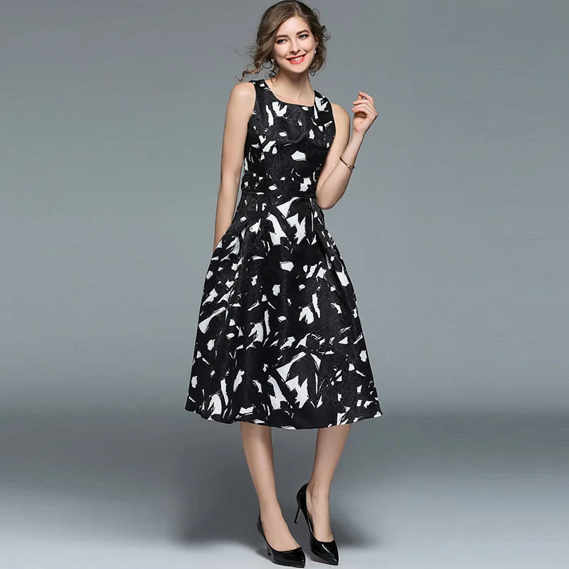 

Ozhouzhan 2018 Spring And Summer New Products Women's Dress Ink Jacquard Waist Hugging A- line Skirt Slimming Sleeveless Dress