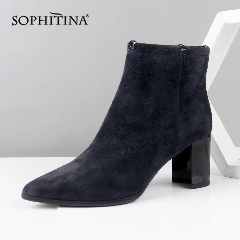 

SOPHITINA Handmade Women's Boots Elegant Pointed Toe Comfortable Square Heel Zipper Metal Decoration Shoes Ankle Boots SC404