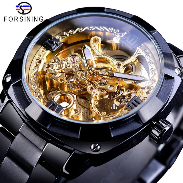 Forsining Nero Trasparente degli uomini Meccanici Orologio Automatico di  Scheletro Ingranaggi In Acciaio di Affari Cinturino In Acciaio Orologi  Relojes Hombre|Mechanical Watches| - AliExpress