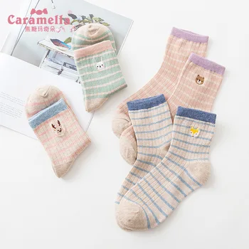 

Women's fashion Socks Autumn Socks 4 Pair Cotton Striped Embroidery Women Fashion Winter Socks For Women