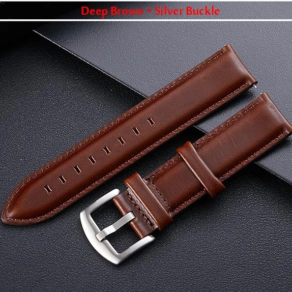 Deep Brown Silver Итальянские Ремешки для наручных часов из натуральной кожи 18 мм 20 мм Универсальный валик для часов Ремешок для часов с пряжкой умный быстросъемный ремешок для часов IP черный и серебристый - Цвет ремешка: Deep Brown Silver