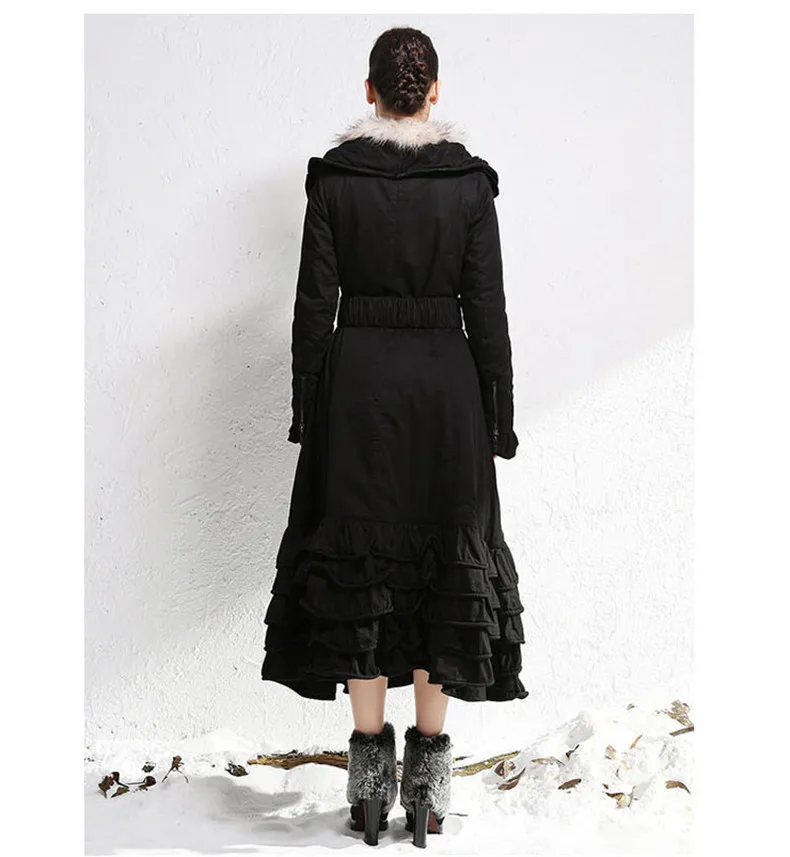 Стиль, пуховик, женский, Европейский и американский стиль, длинный енот, большой подол, с воланами, белый утиный пух