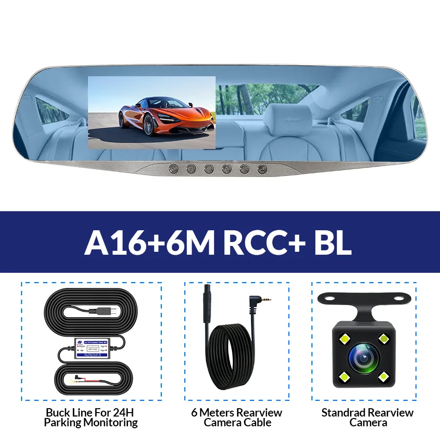 E-ACE A16 Автомобильный видеорегистратор зеркало заднего вида видеорегистратор 5 светодиодных ламп видеорегистратор с камерой заднего вида Две камеры регистратор видеорегистратор - Название цвета: A16-6M RCC-BL