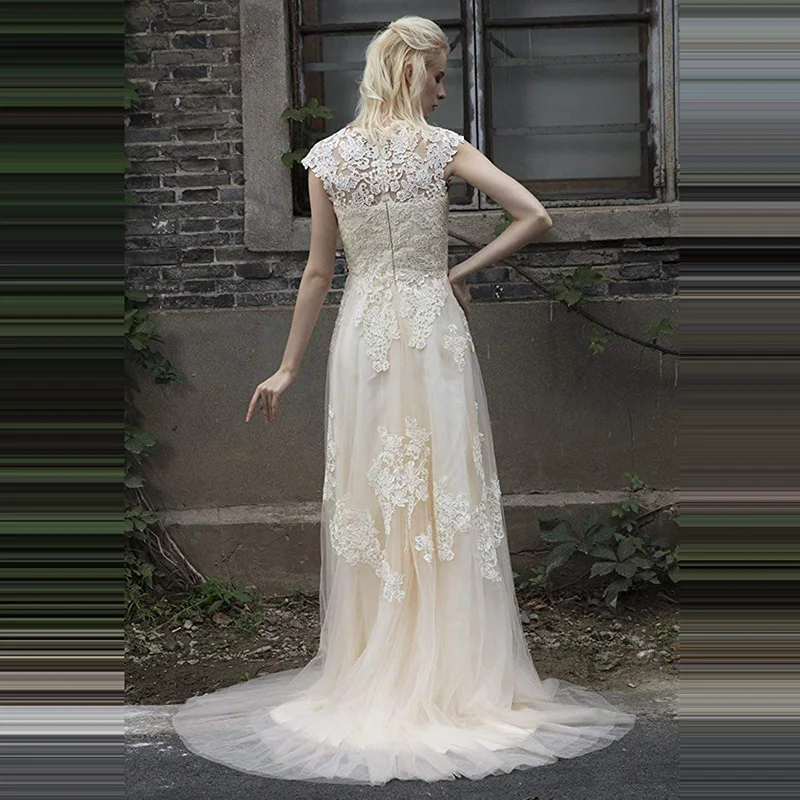 Цвет шампанского A Line Boho свадебный наряд длинный открытая спина сексуальный халат de mariee Винтажный кружевной цветочный свадебный vestido novia