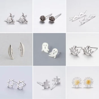 

Real Sterling Silver Matte Round Geometric Stud Earrings for Women Leaf Star Long Bar Crown Sunflower Earring 925 Silver Jewelry