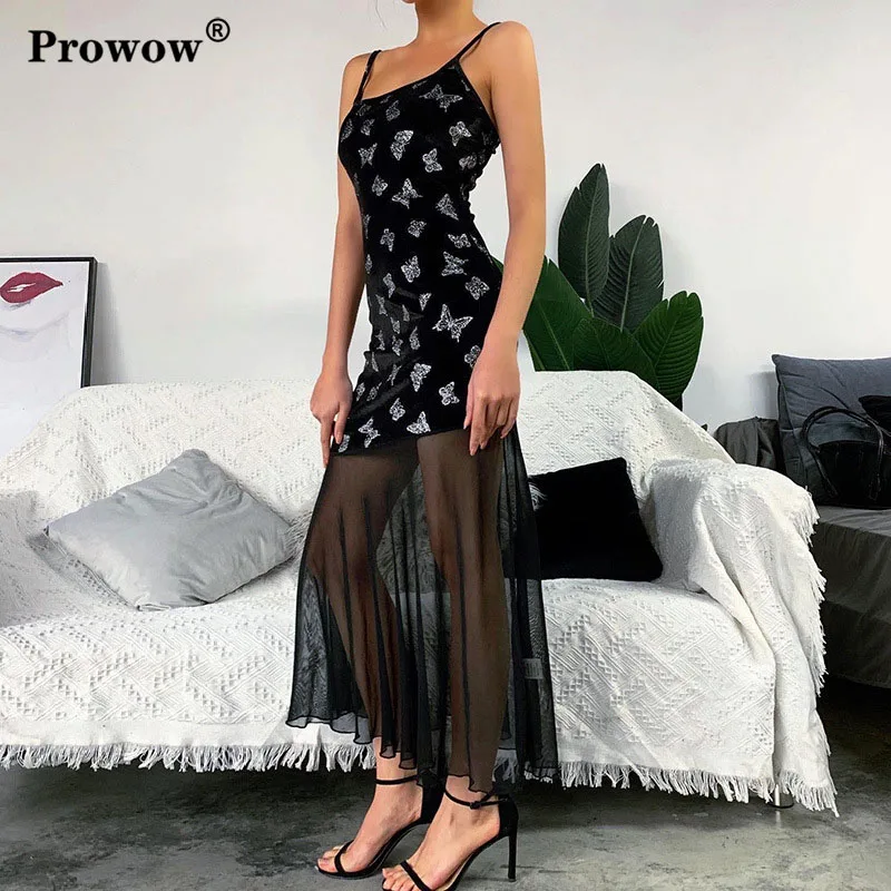 

Velvet Patchwork Elegant Dress Women Sleeveless Strap Butterfly Print Package Hip Mesh Hem Slim Casual Maxi Dresses Spring 2020