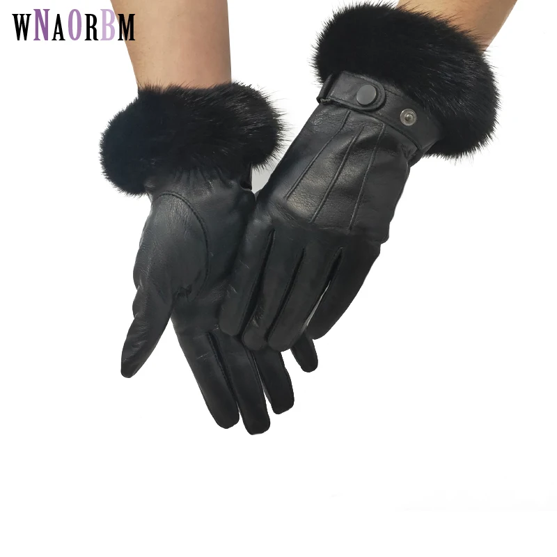 New Women's leather gloves real mink Gloves Adult sheepskin black gloves women's winter leather mittens