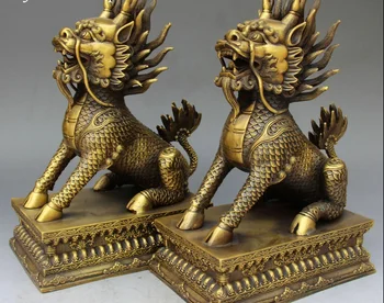 

Rare Pure Bronze Wealth Yuanbao Animal Dragon Kylin Chi-lin Unicorn Kirin Pair