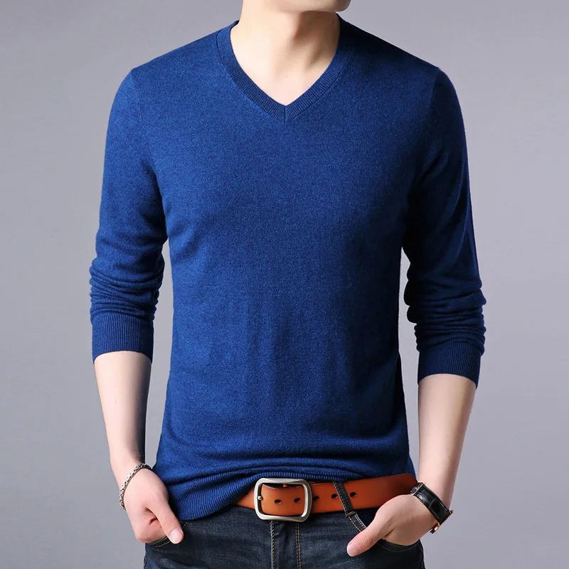 Шерстяной пуловер Свитера мужские с длинным рукавом повседневные деловые с v-образным вырезом Трикотажные мужские однотонные зимние свитера Мужская брендовая одежда - Цвет: Blue