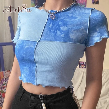 

ArtSu Sexy Round Neck Short Sleeve Ruffles Purple Crop Top 2020 Summer Women Patchwork Slim Basic tshirt Tops Street ASTS52151