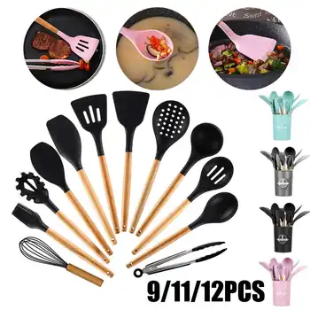 

Silicone Cooking Utensils 9/11/12Pcs Kitchen Utensil Set Non-stick Spatula Wooden Handle with Storage Box Kitchen Tools Gray