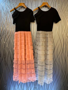

2020 Spring and Summer New Women's Color Block Splicing Single off-the-Shoulder Hem Cake Layers Stitching Short Sleeve Dress 418