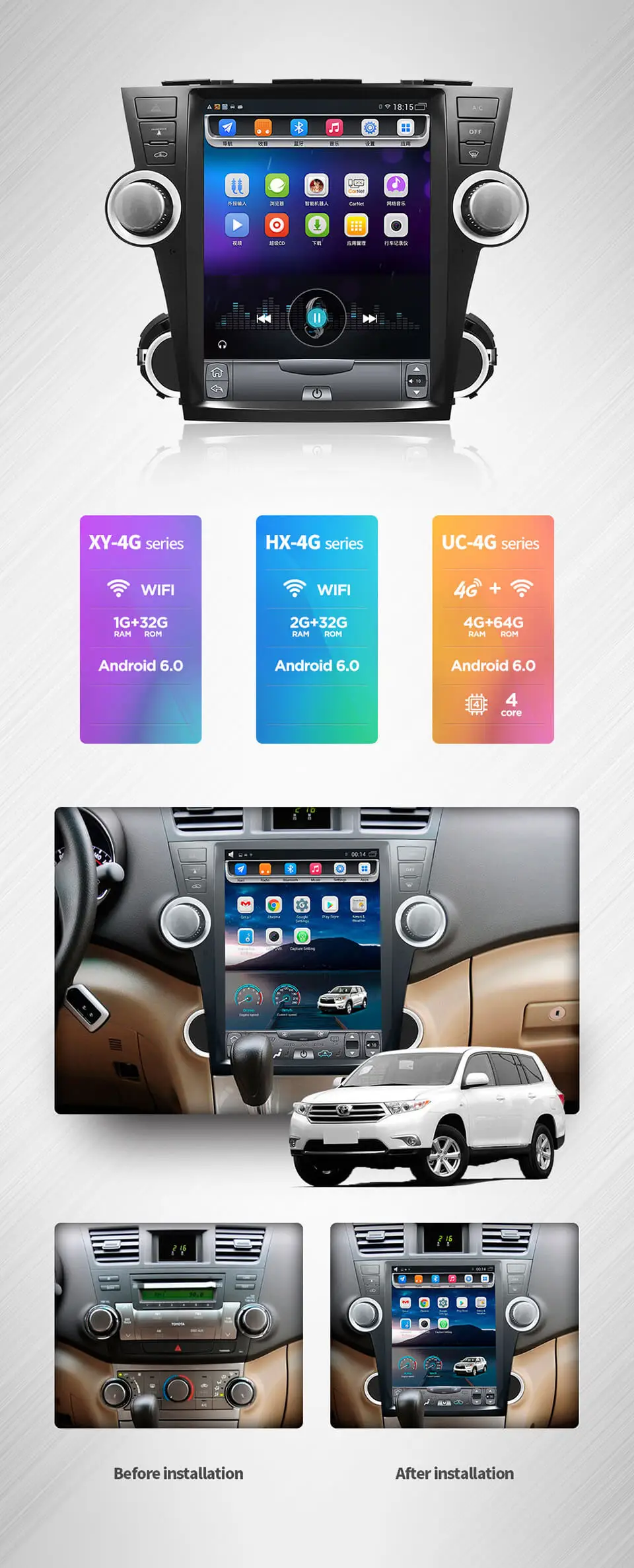 Perfect 12.1 inch 4G Lte  Vertical screen android  multimedia video radio player for Toyota Highlander 2009-13 years navigation stereo 2