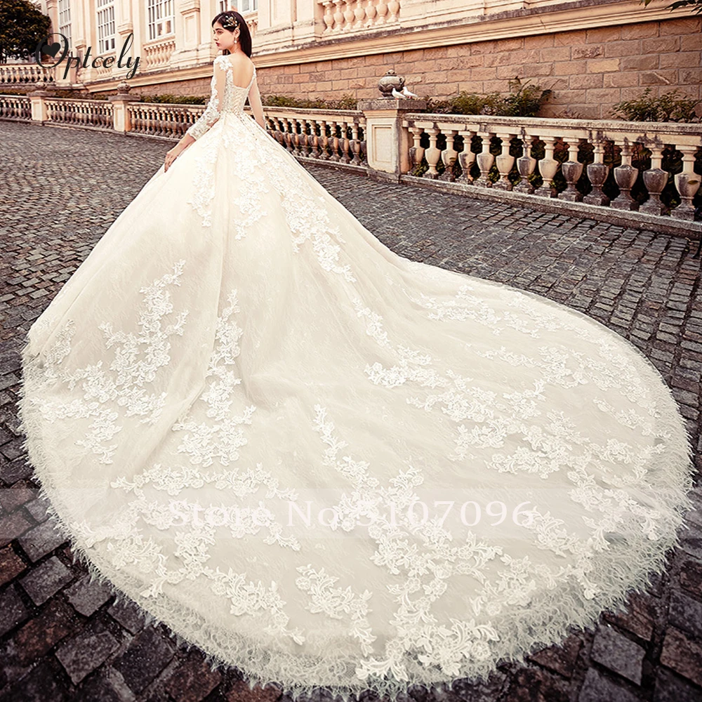 Optcely Robe De Mariee, винтажное бальное платье с круглым вырезом цвета шампанского с длинным рукавом, свадебное платье, аппликация, расшитое бисером, свадебное платье со шлейфом