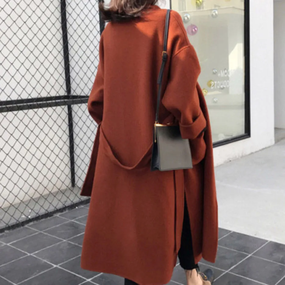 Шерстяное Женское пальто Abrigos Mujer Invierno повседневное черное шерстяное пальто с поясом и длинным рукавом