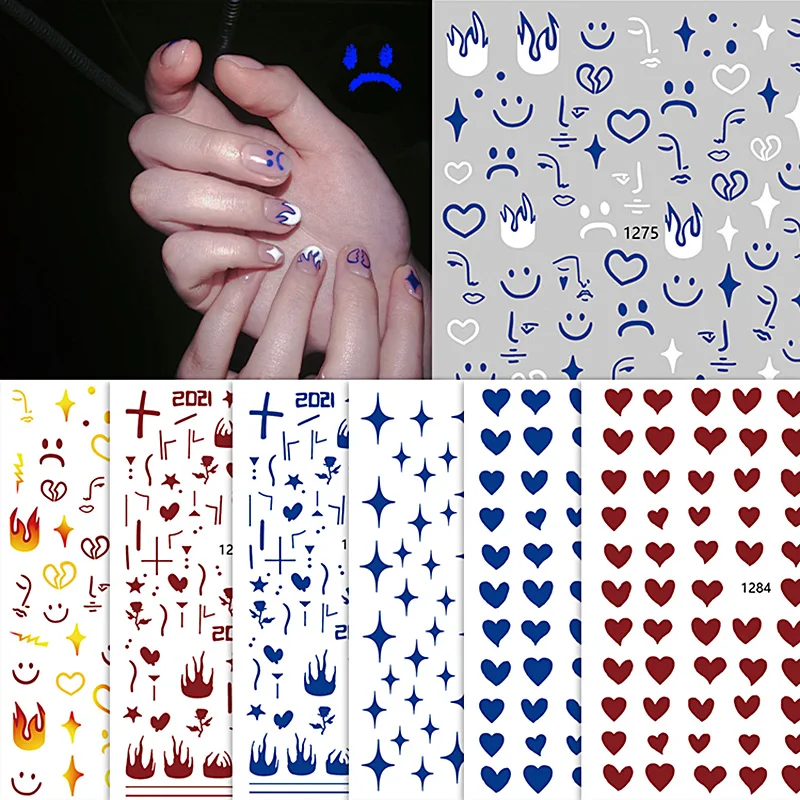 

HNUIX 3D Nail Stickers Abstract flame girl blue red love heart flower pattern manicure slider nail art decoration