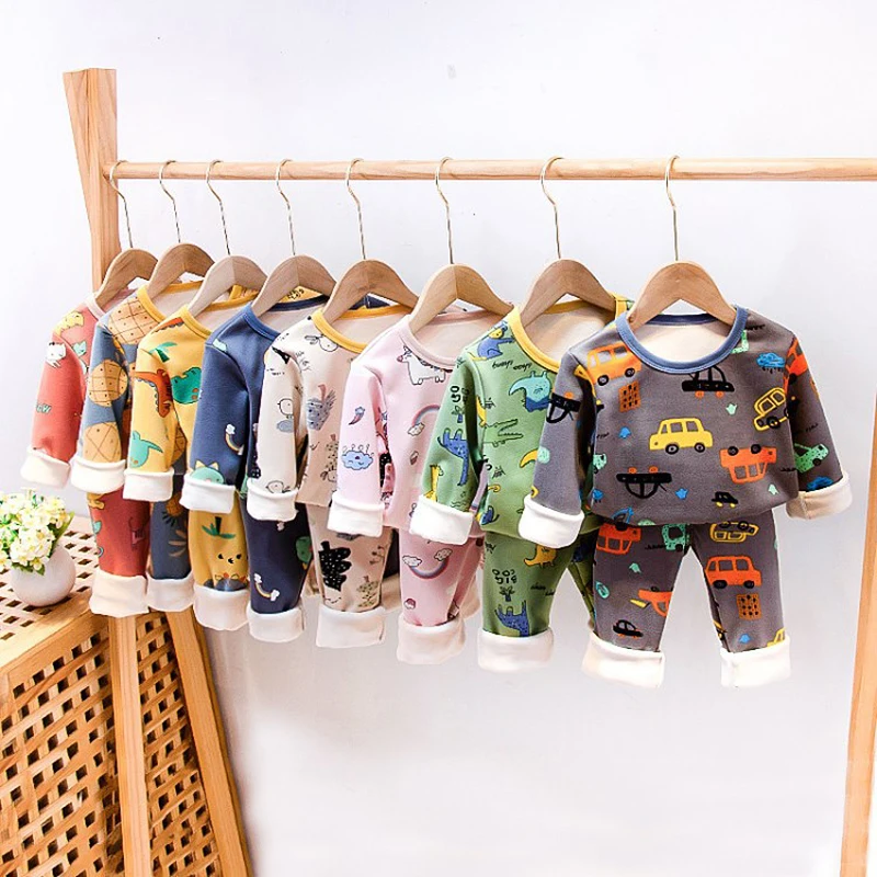 

New 2020 Kids Boys Thicken Pajama Sets Cartoon O-Neck T-Shirt Tops with Pants Baby Girls Autumn Winter Warm Sleeping Clothes