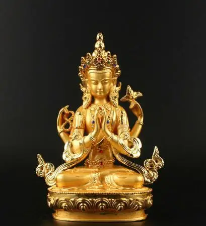 

Collection Chinese Tibetan Buddhism Sit Lotus Four Arms Guan Yin Kwan-yin Bodhisattva Buddha Statue