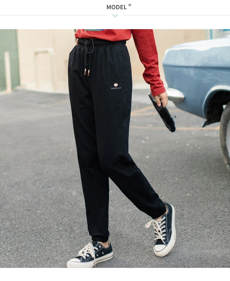 INMAN 2020 Autumn New Arrival Drawstring Elastic Waist Cotton Embroidery Micro-elastic Pencil Trousers